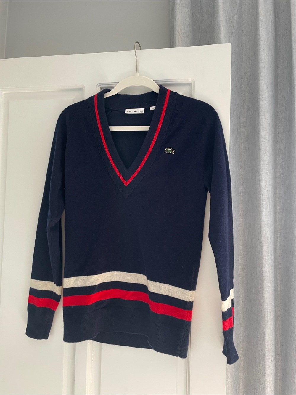 Lacoste Navy V-Neck Sweater with Red & White Stripe Accents 100% cashmere